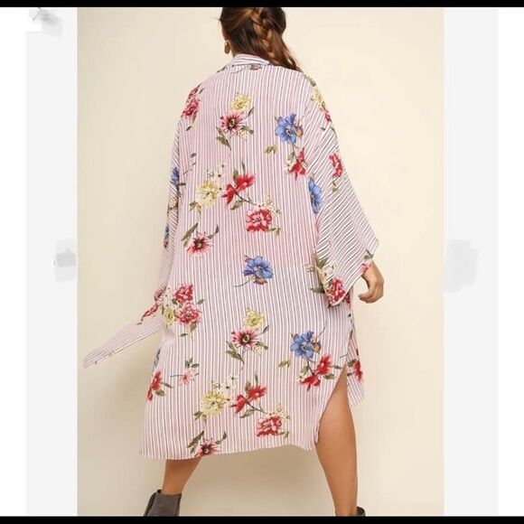 Umgee PLUS Kimono Hippie Boho Jacket Top Floral Stripes - Picture 2 of 4